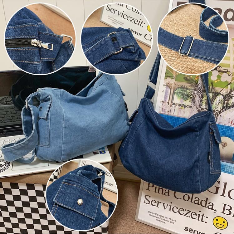 LIZHAOCAI Casual Retro Style Denim Tote Bag for Women Convenient Adjustable Shoulder Strap