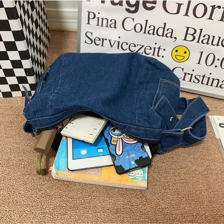 LIZHAOCAI Casual Retro Style Denim Tote Bag for Women Convenient Adjustable Shoulder Strap