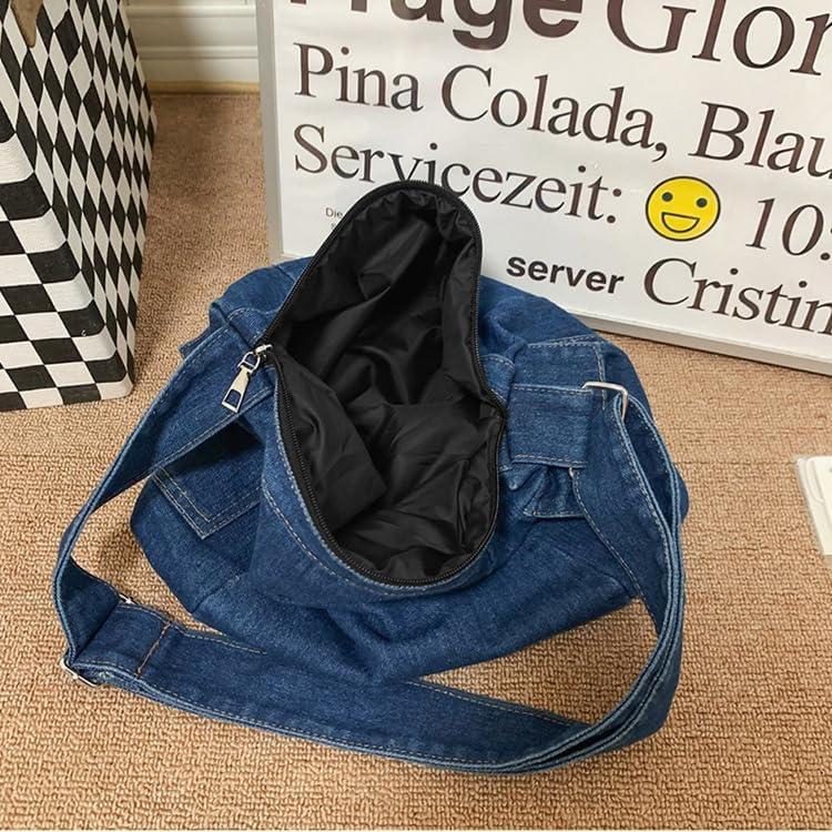 LIZHAOCAI Casual Retro Style Denim Tote Bag for Women Convenient Adjustable Shoulder Strap