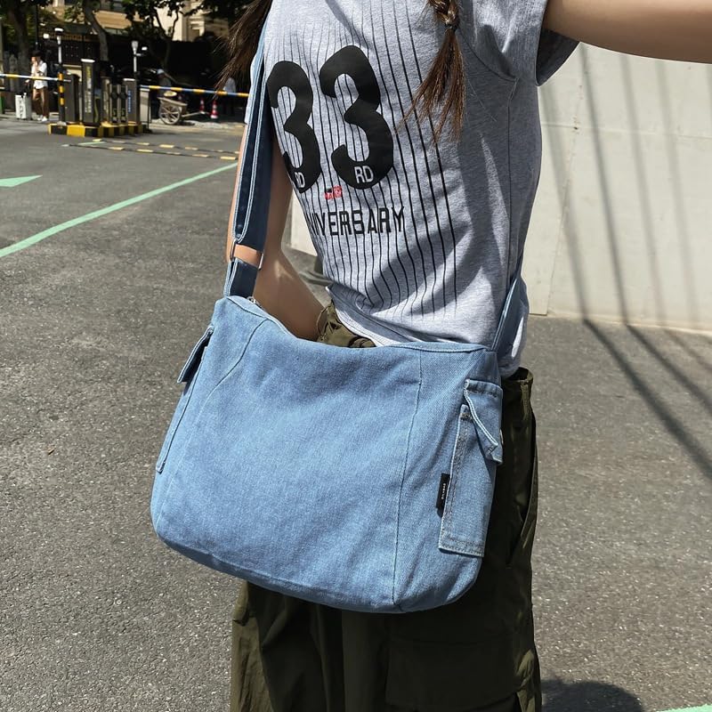 LIZHAOCAI Casual Retro Style Denim Tote Bag for Women Convenient Adjustable Shoulder Strap