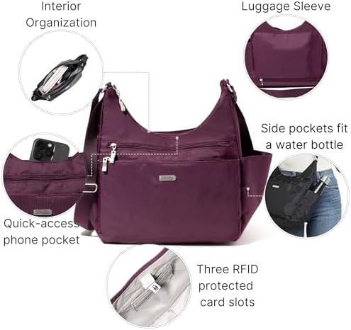 Baggallini Essential Hobo Handbag for Women W/RFID Protection Lightweight Travel Purse Handbag Crossbody Bag