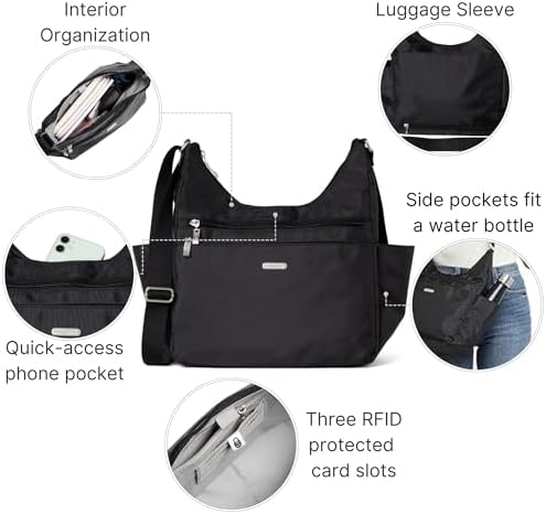 Baggallini Essential Hobo Handbag for Women W/RFID Protection Lightweight Travel Purse Handbag Crossbody Bag