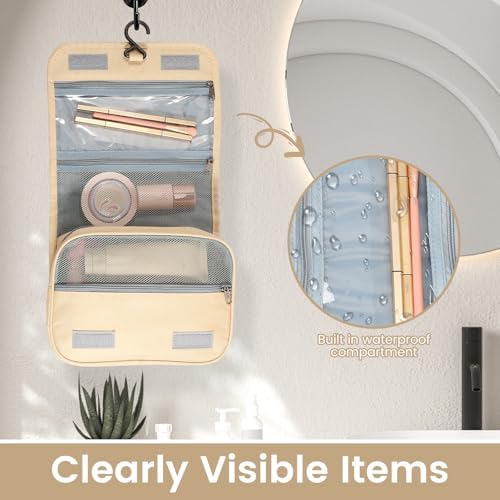Portable Hanging Organizer for Travel-Sized Toiletries for Men and Women - Waterproof Foldable Makeup Bag with 3 Compar