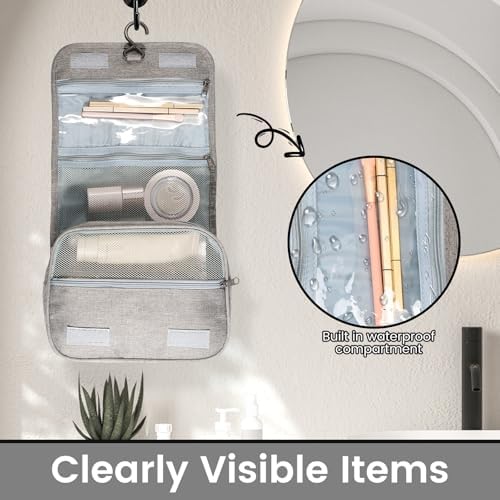 Portable Hanging Organizer for Travel-Sized Toiletries for Men and Women - Waterproof Foldable Makeup Bag with 3 Compar