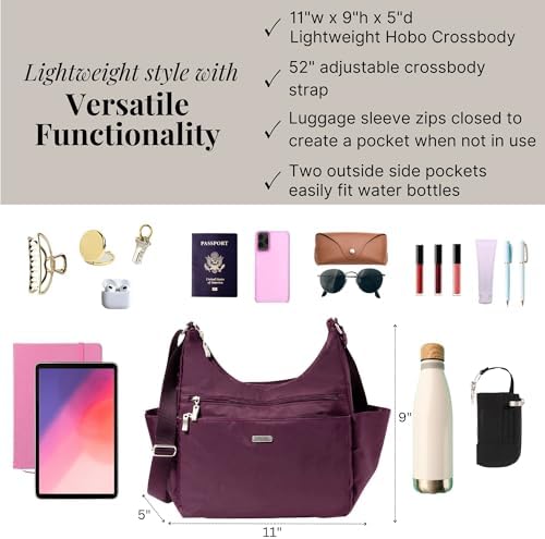 Baggallini Essential Hobo Handbag for Women W/RFID Protection Lightweight Travel Purse Handbag Crossbody Bag