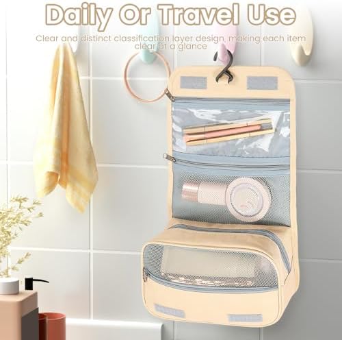 Portable Hanging Organizer for Travel-Sized Toiletries for Men and Women - Waterproof Foldable Makeup Bag with 3 Compar