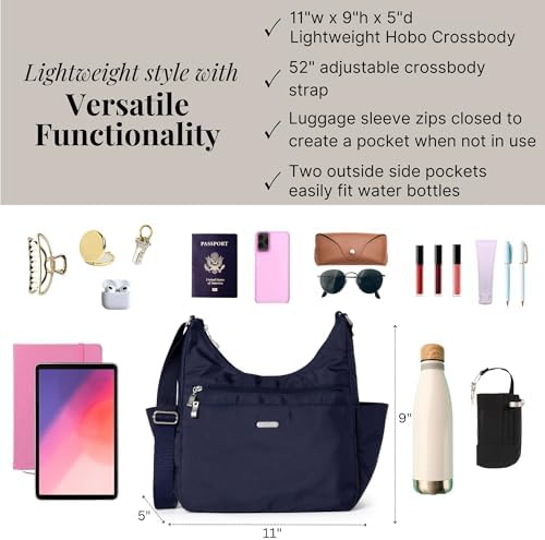 Baggallini Essential Hobo Handbag for Women W/RFID Protection Lightweight Travel Purse Handbag Crossbody Bag