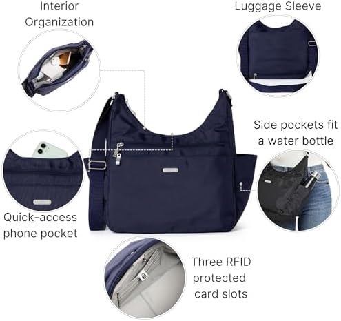 Baggallini Essential Hobo Handbag for Women W/RFID Protection Lightweight Travel Purse Handbag Crossbody Bag