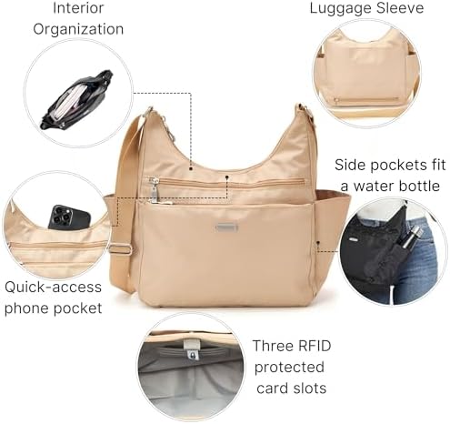 Baggallini Essential Hobo Handbag for Women W/RFID Protection Lightweight Travel Purse Handbag Crossbody Bag