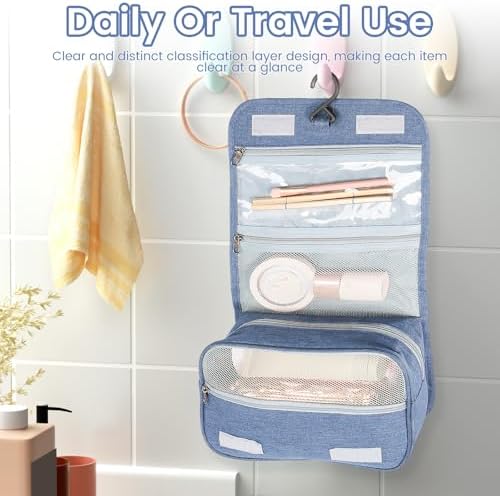 Portable Hanging Organizer for Travel-Sized Toiletries for Men and Women - Waterproof Foldable Makeup Bag with 3 Compar