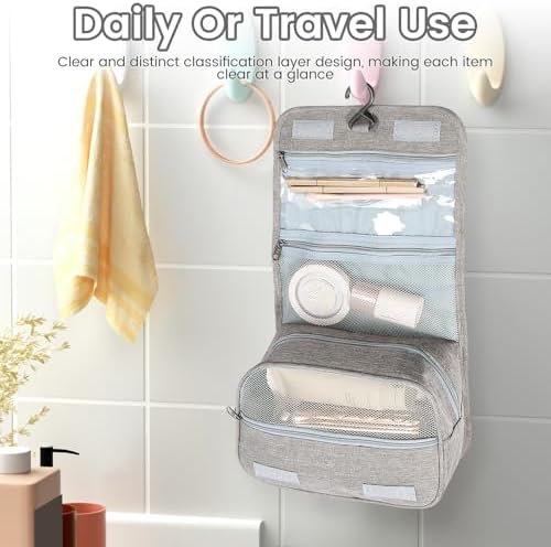 Portable Hanging Organizer for Travel-Sized Toiletries for Men and Women - Waterproof Foldable Makeup Bag with 3 Compar