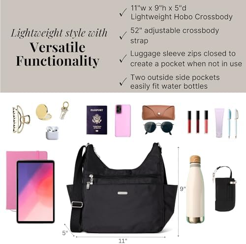 Baggallini Essential Hobo Handbag for Women W/RFID Protection Lightweight Travel Purse Handbag Crossbody Bag