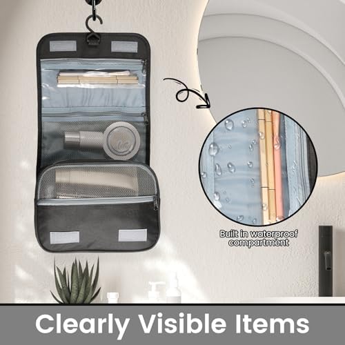 Portable Hanging Organizer for Travel-Sized Toiletries for Men and Women - Waterproof Foldable Makeup Bag with 3 Compar