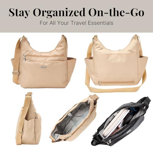 Baggallini Essential Hobo Handbag for Women W/RFID Protection Lightweight Travel Purse Handbag Crossbody Bag