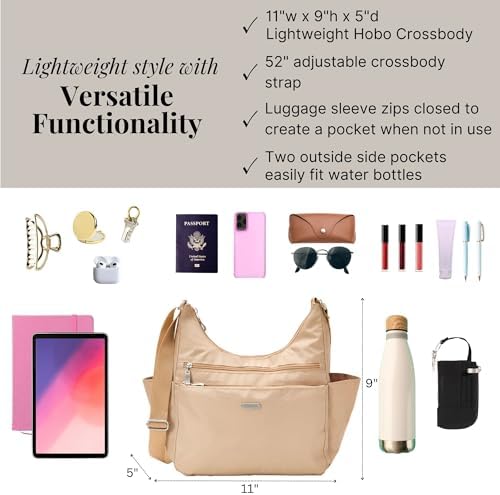 Baggallini Essential Hobo Handbag for Women W/RFID Protection Lightweight Travel Purse Handbag Crossbody Bag