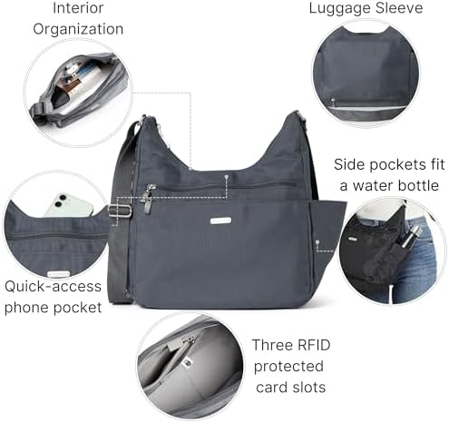 Baggallini Essential Hobo Handbag for Women W/RFID Protection Lightweight Travel Purse Handbag Crossbody Bag