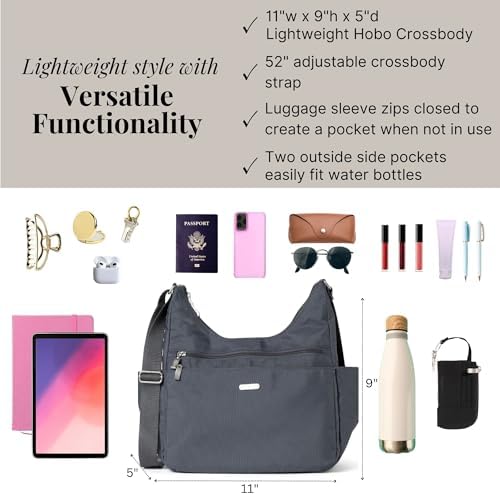 Baggallini Essential Hobo Handbag for Women W/RFID Protection Lightweight Travel Purse Handbag Crossbody Bag
