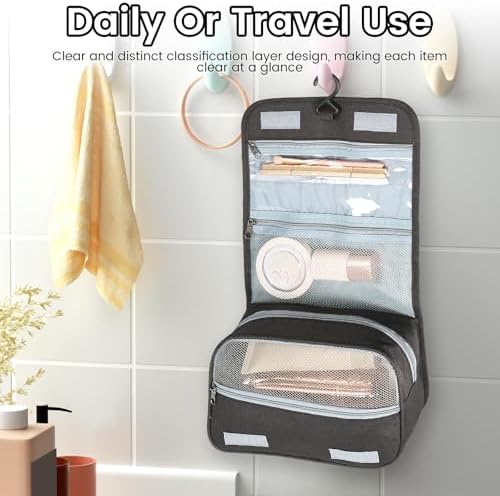 Portable Hanging Organizer for Travel-Sized Toiletries for Men and Women - Waterproof Foldable Makeup Bag with 3 Compar