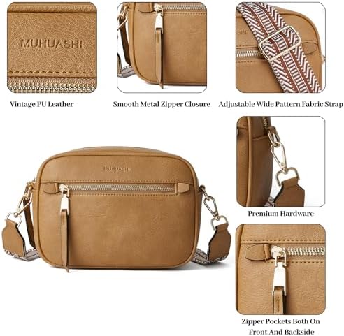 MUHUASHI Small Crossbody Bag for Women with Triple Pockets and Vegan Leather Shoulder Camera Purse Featuring Long Guitar